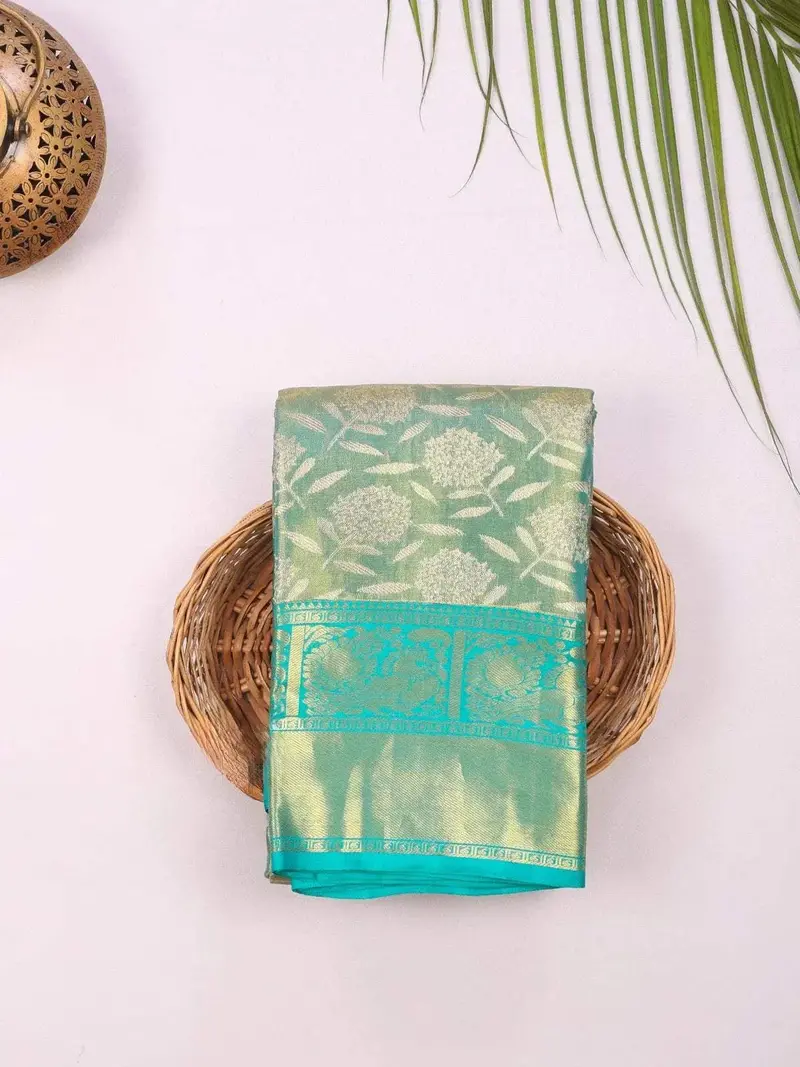 Teal Green Pure Kanchipuram Bridal Silk Saree With Floral Motif & Zari Border 1