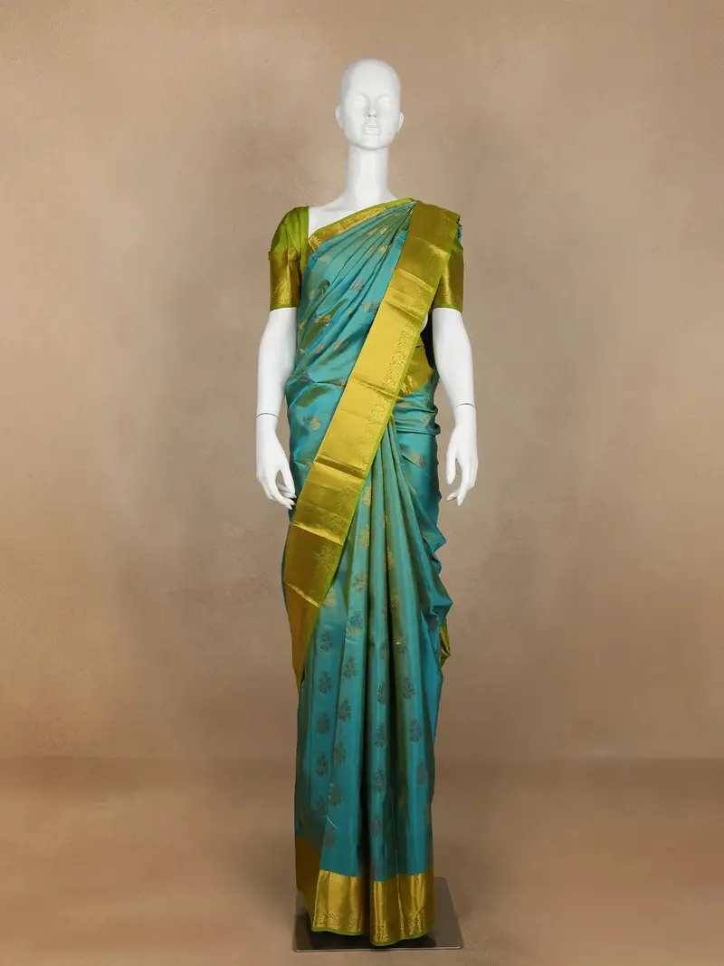 Teal Green Pure Kanchipuram Bridal Silk Saree With Floral Motif & Zari Border 1