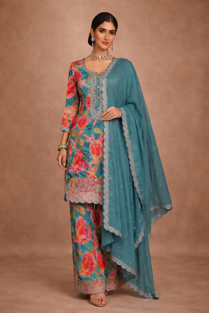 Teal Green Sequins Design Floral Print Tussar Silk Plazzo Salwar 1