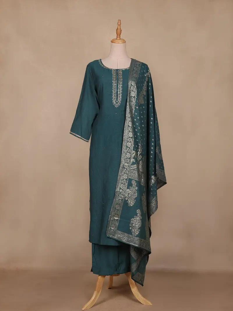Teal Green Solid Design Cotton Straight Cut Salwar Suit 1