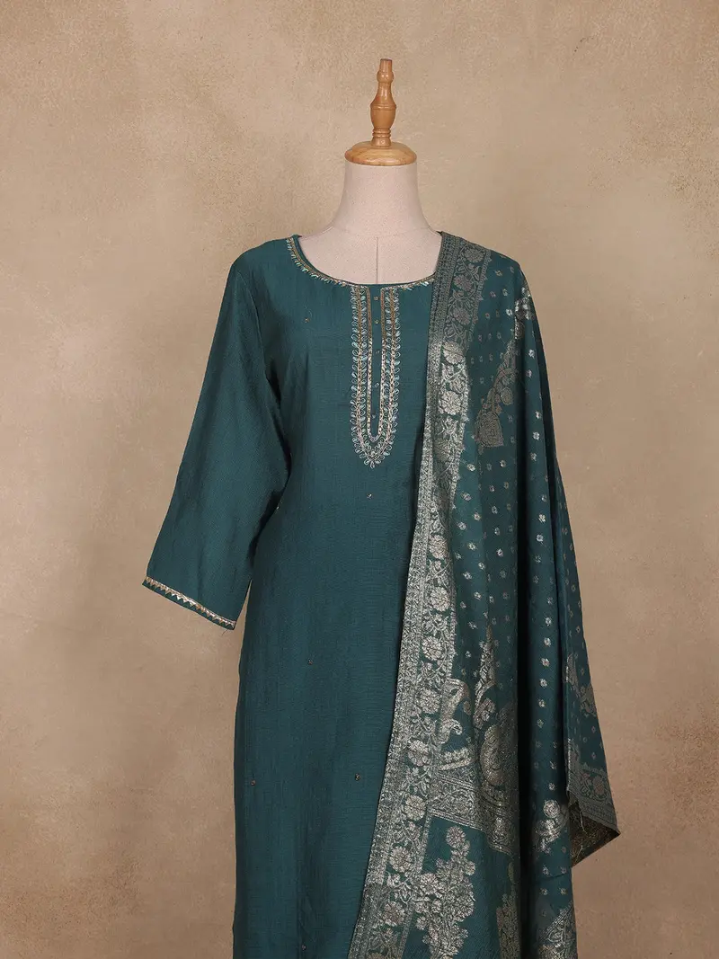 Teal Green Solid Design Cotton Straight Cut Salwar Suit 2