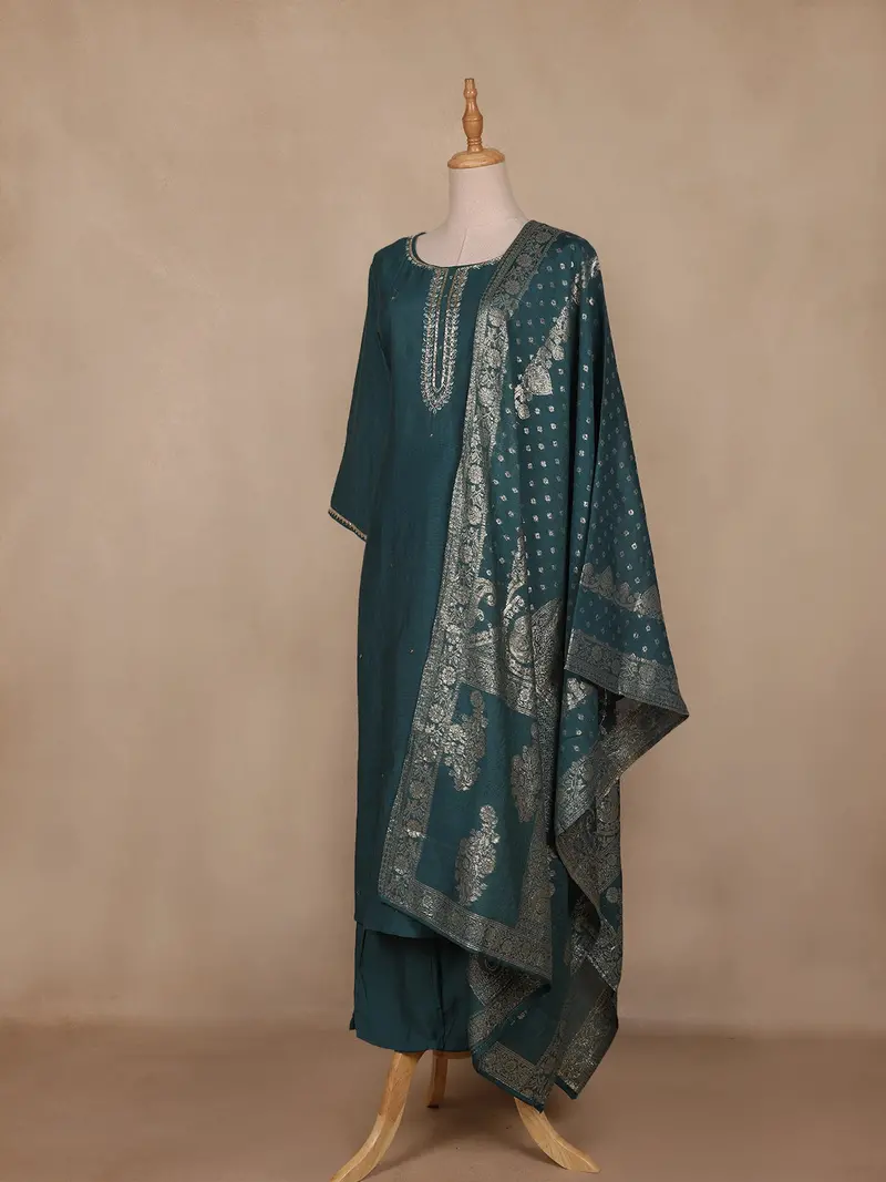 Teal Green Solid Design Cotton Straight Cut Salwar Suit 3