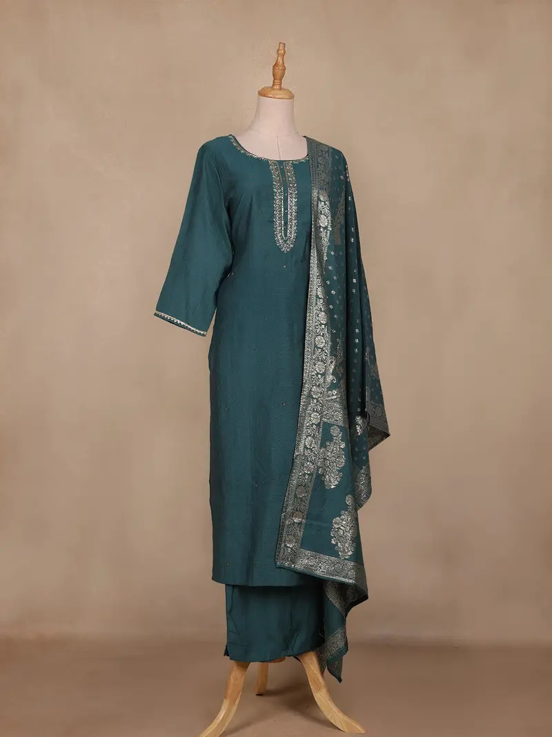 Teal Green Solid Design Cotton Straight Cut Salwar Suit 4