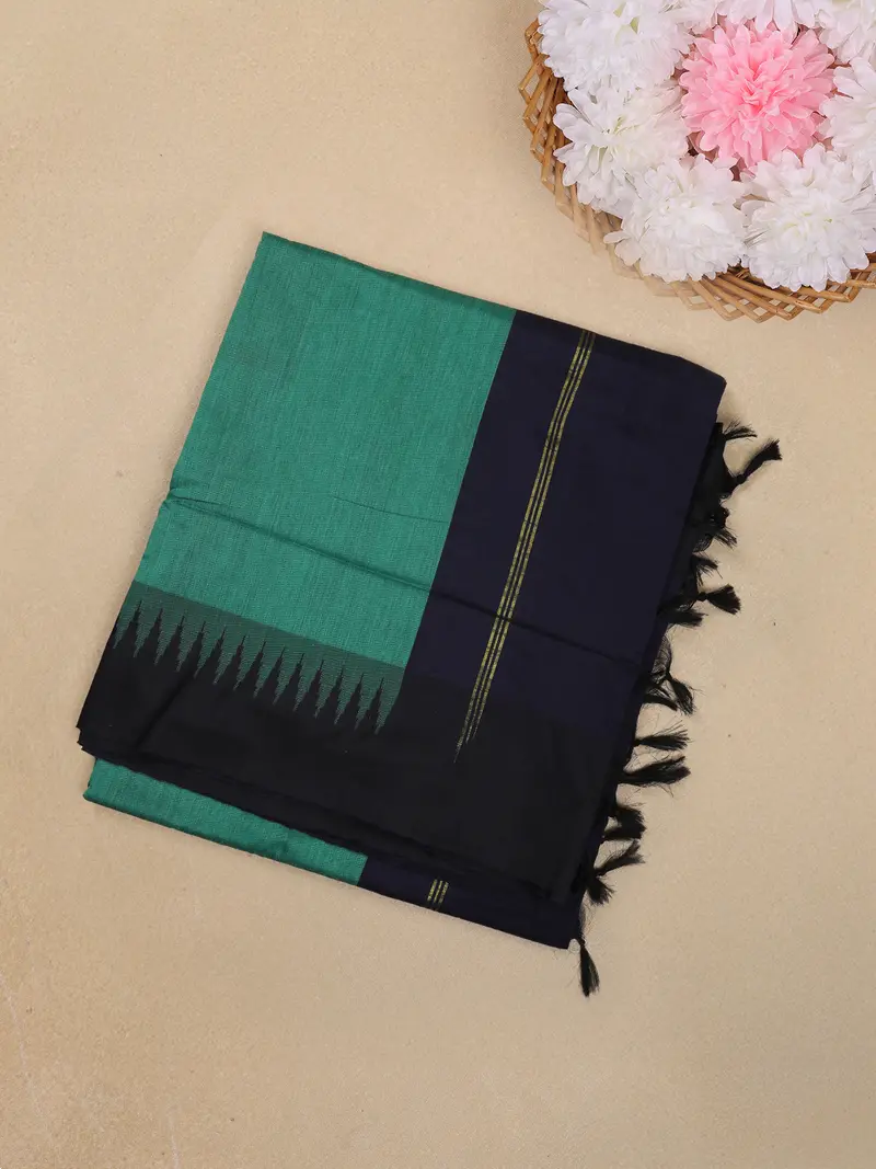 Teal Green Solid Design Kalyani Cotton Saree With Contrast Temple Border 1