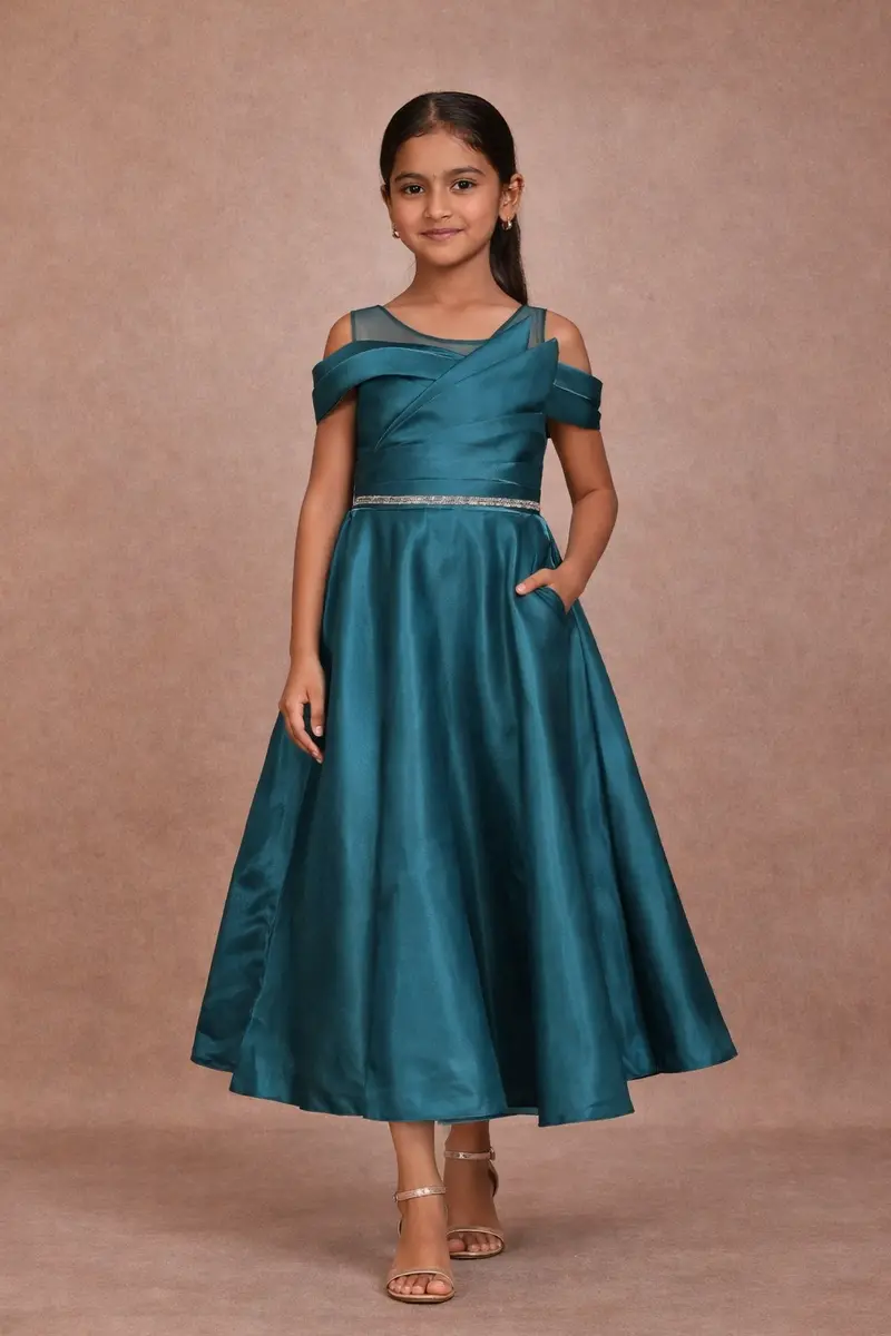 Teal Green Solid Design Organza Party Gown For Girls 1