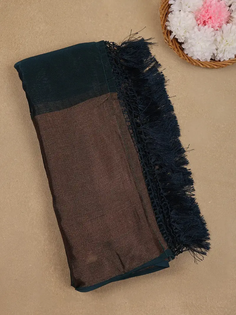 Teal Green Solid Silk Fancy Saree With Beaded Work Blouse 1