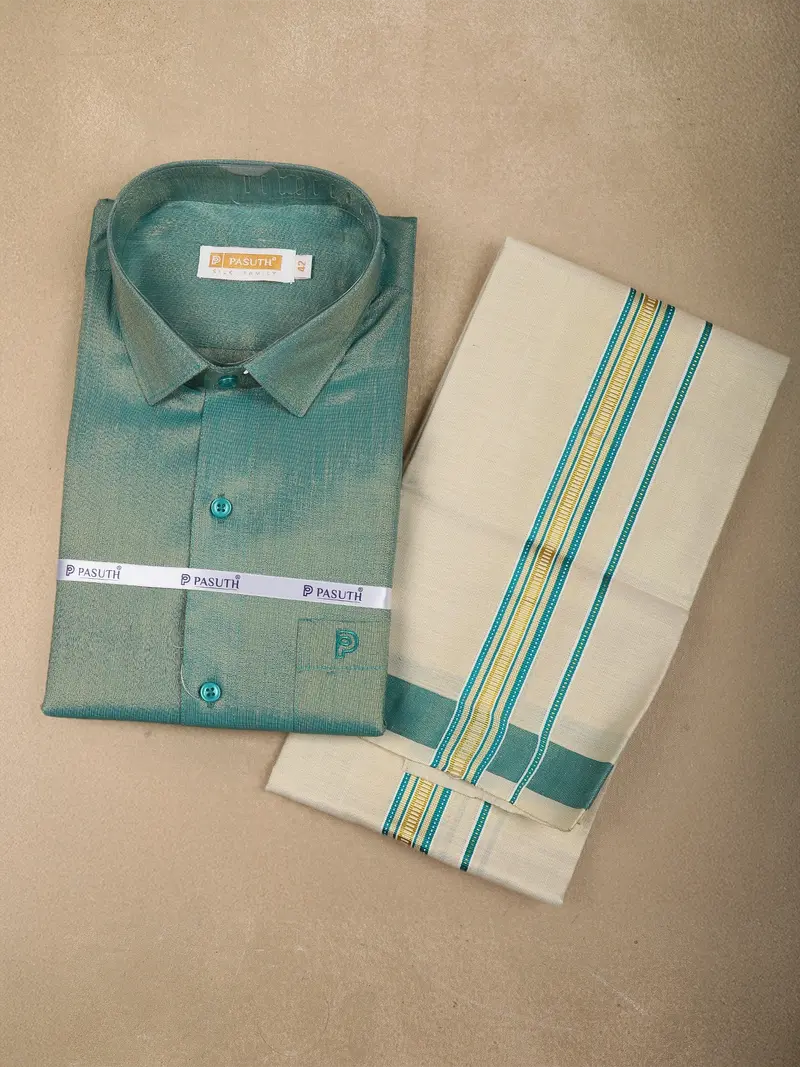 Teal Green Solid Woven Design Shirt With Cream Dhoti And Teal Gold Zari Border Set 1