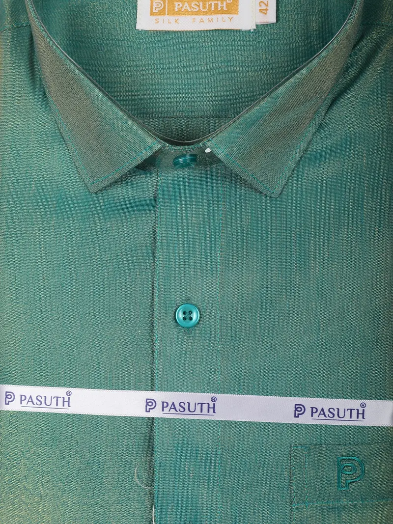 Teal Green Solid Woven Design Shirt With Cream Dhoti And Teal Gold Zari Border Set 2