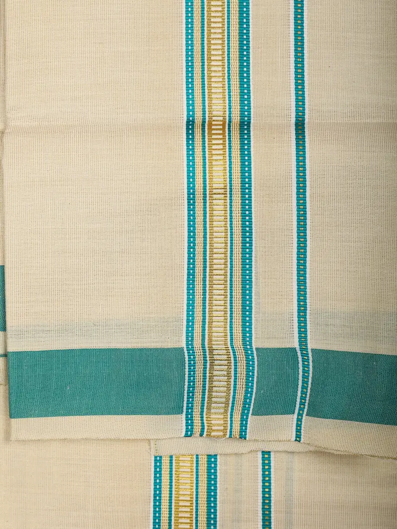 Teal Green Solid Woven Design Shirt With Cream Dhoti And Teal Gold Zari Border Set 3