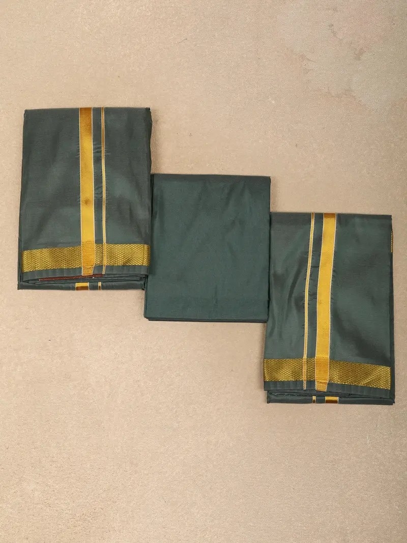 Teal Green Solid Woven Design Unstitched Shirt With Matching Dhoti Set With Zari Border 1