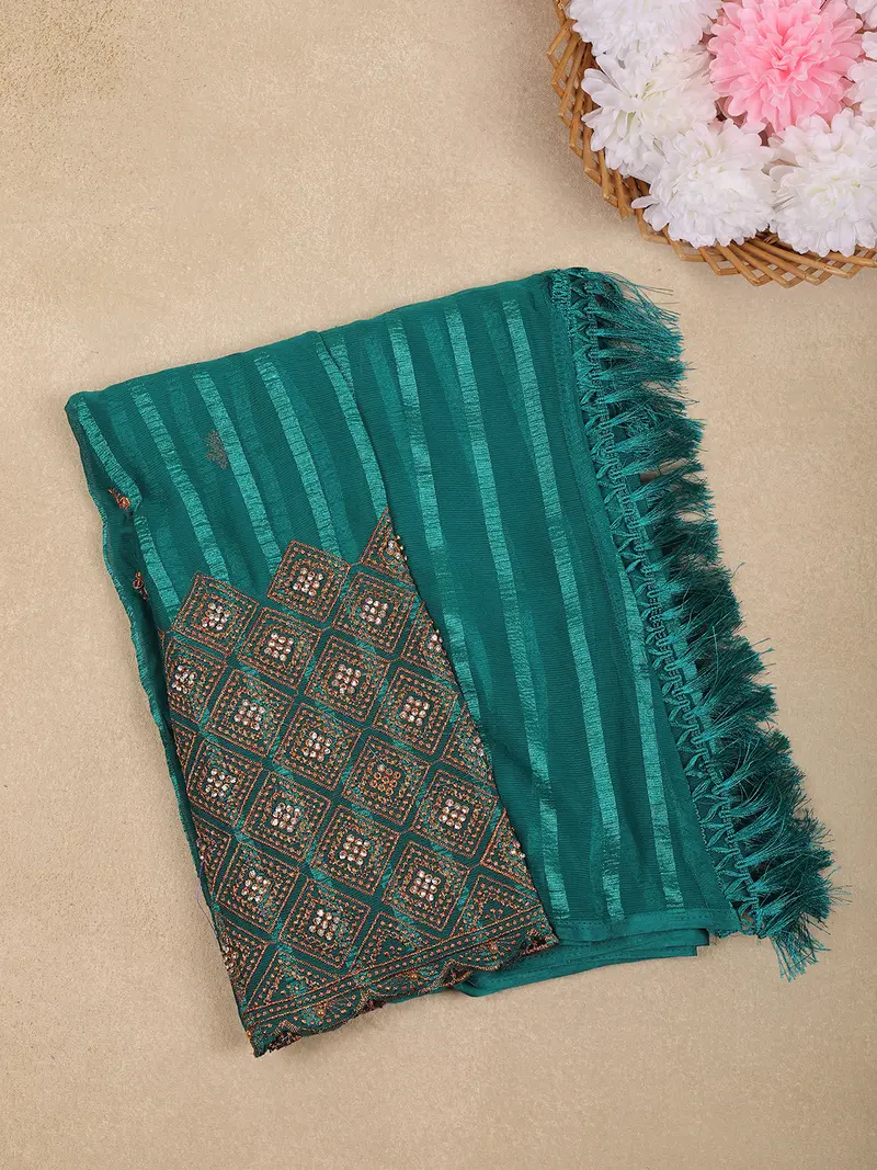 Teal Green Striped Design Georgette Saree With Designer Blouse 1