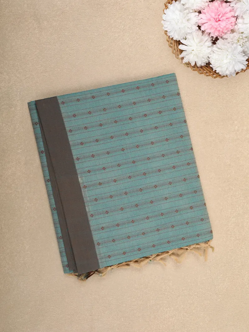 Teal Green Stripes Design Cotton Saree With Contrast Brown Border 1