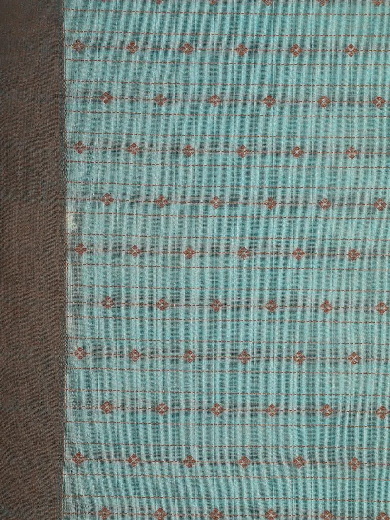 Teal Green Stripes Design Cotton Saree With Contrast Brown Border 2