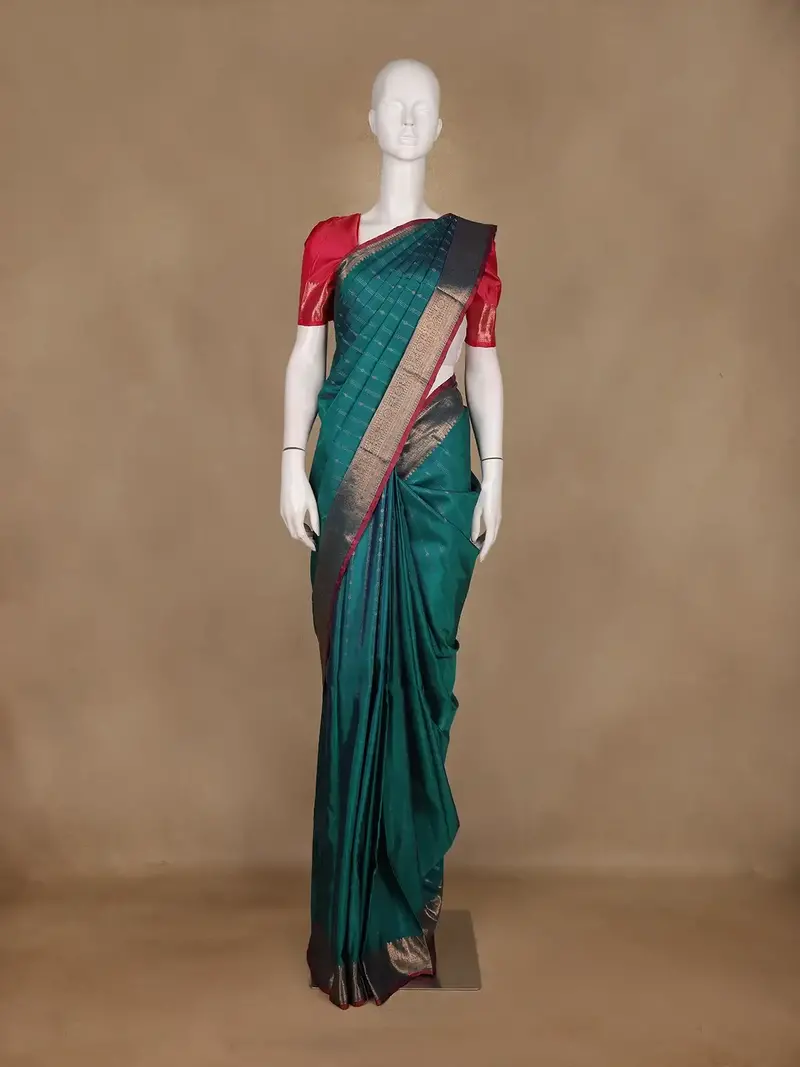 Teal Green Stripes Woven Pure Kanchipuram Silk Saree 1