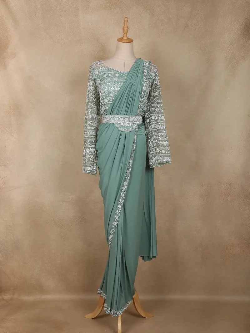 Teal Green Thread Embroidered Design Satin Ready To Wear Saree 1