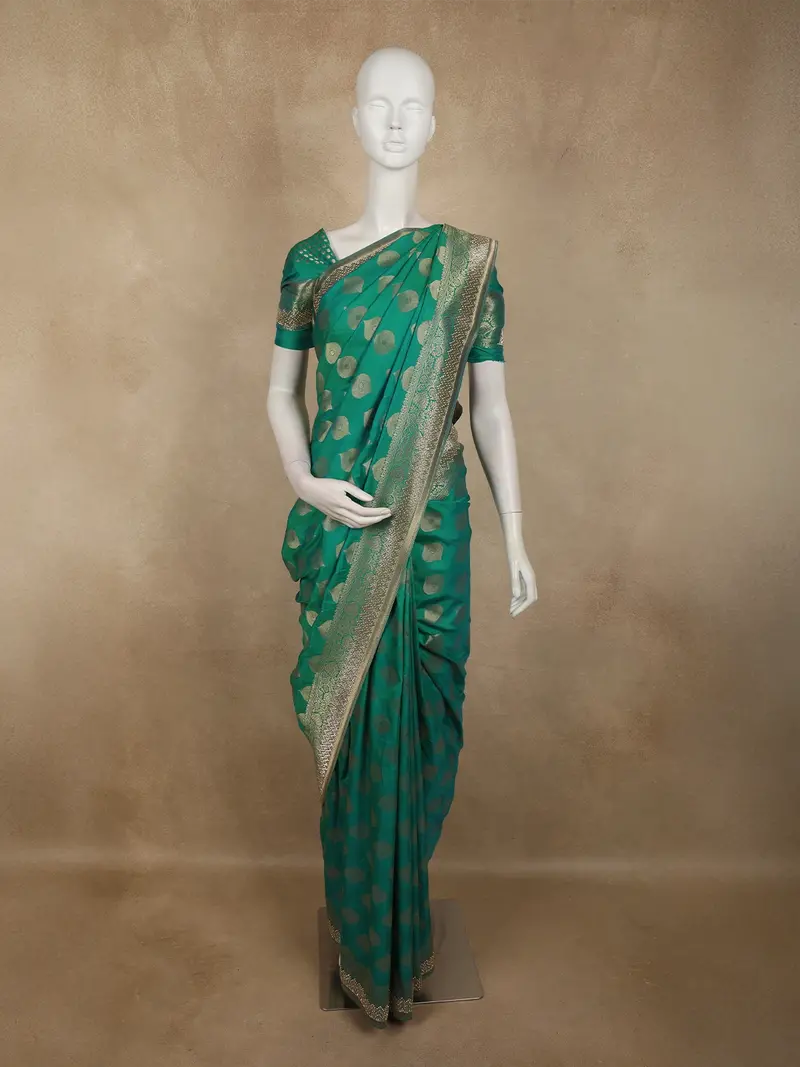 Teal Green Traditional Butta Zari Woven Design Banarasi Silk Designer Saree With Stone Work Border 1