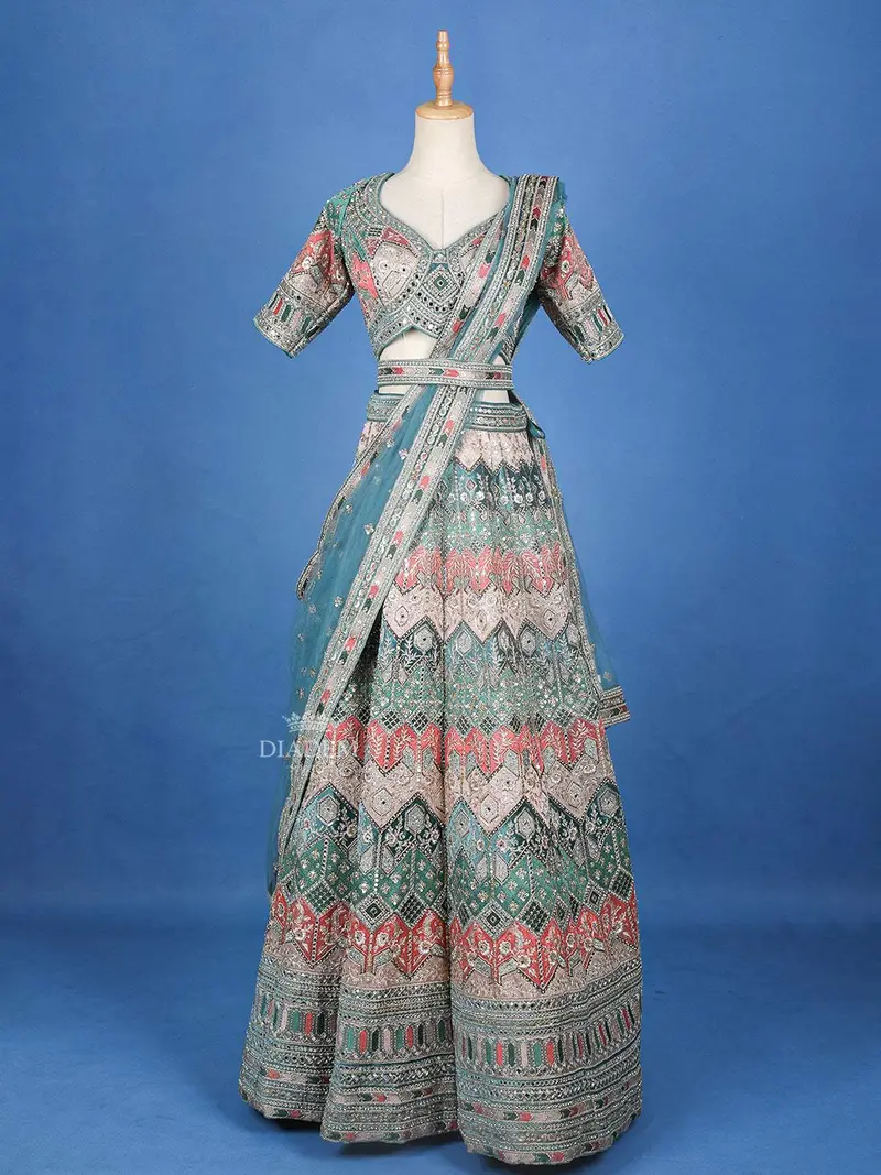 Teal Green Velvet Semi Silk Sangeet Lehenga With Floral Embroidery 1