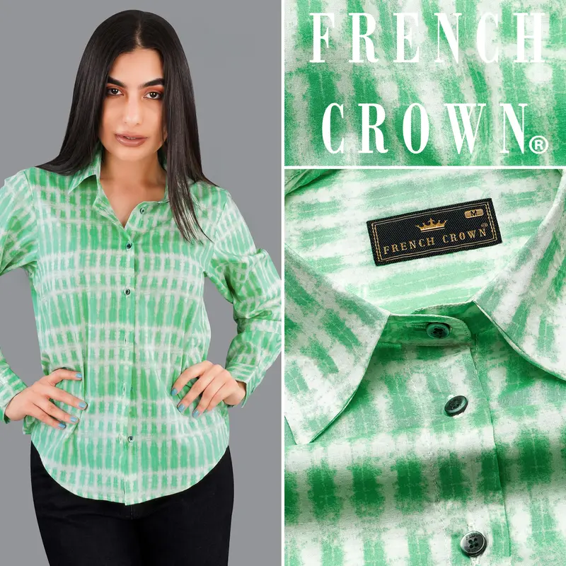 Teal Green With Bright White Printed Premium Tencel Shirt 1