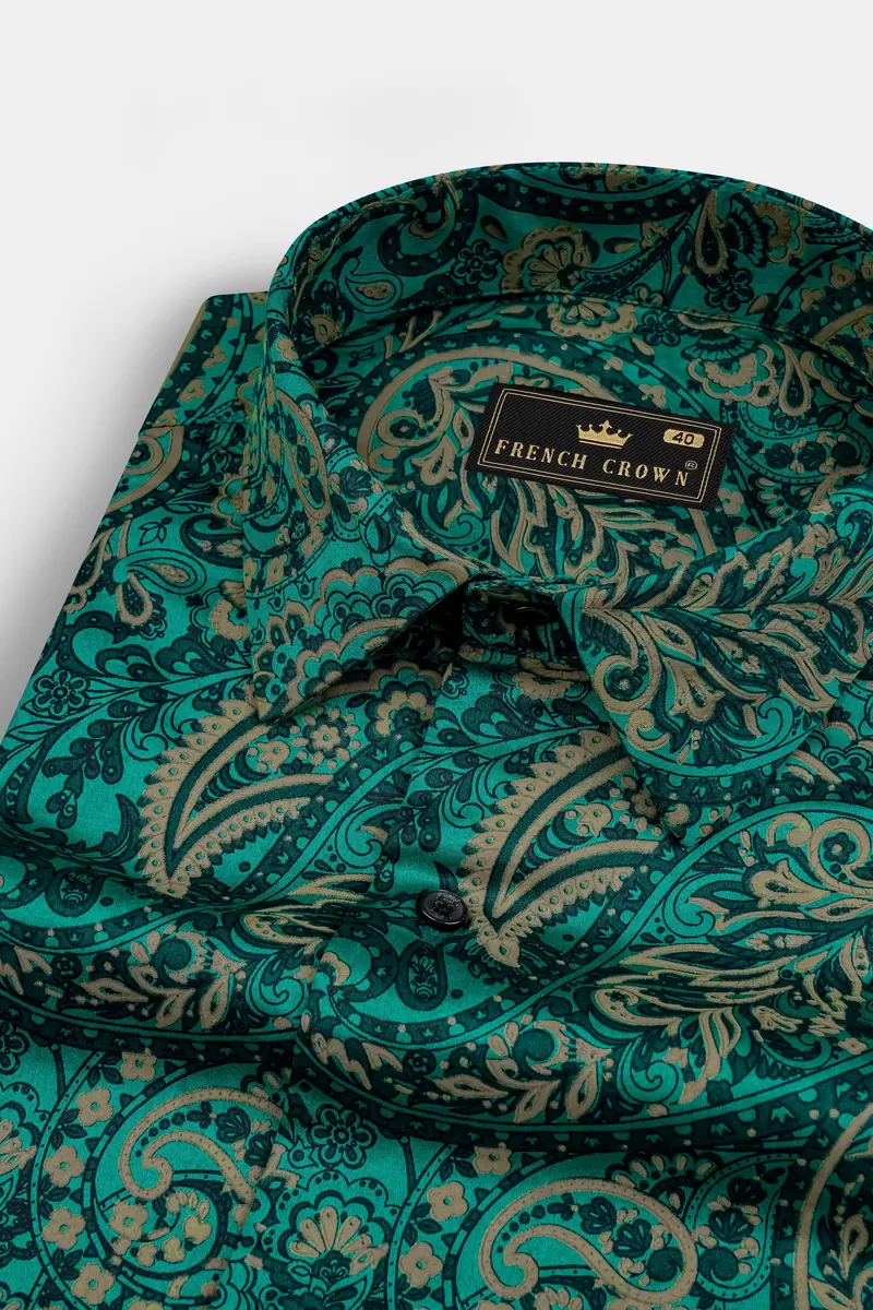 Teal Green With Deep Sea Green Ethnic Motifs Printed Super Soft Premium Cotton Shirt 1