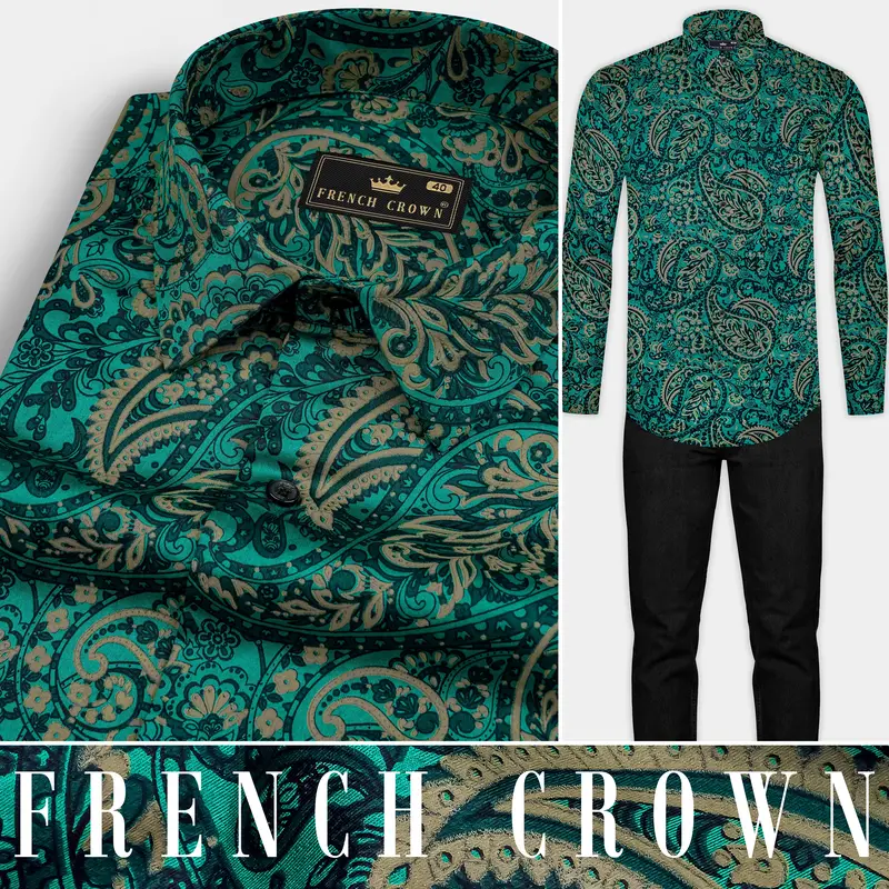 Teal Green With Deep Sea Green Ethnic Motifs Printed Super Soft Premium Cotton Shirt 10