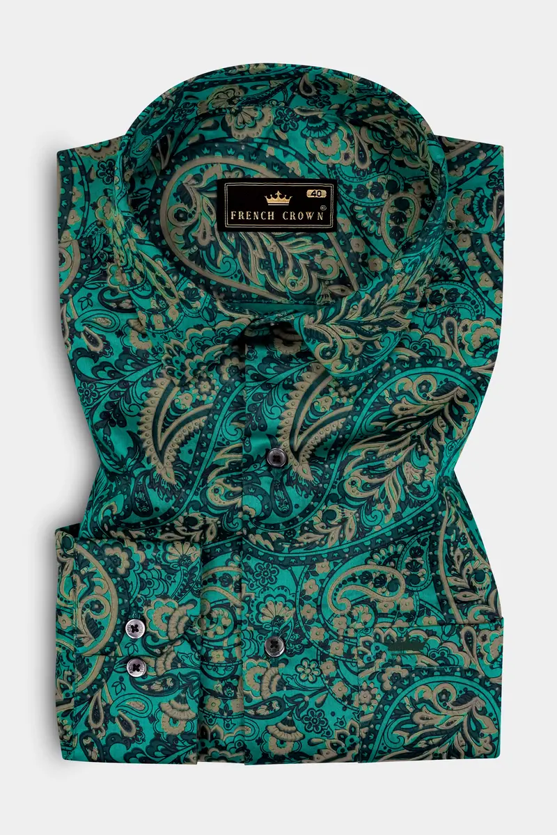 Teal Green With Deep Sea Green Ethnic Motifs Printed Super Soft Premium Cotton Shirt 3