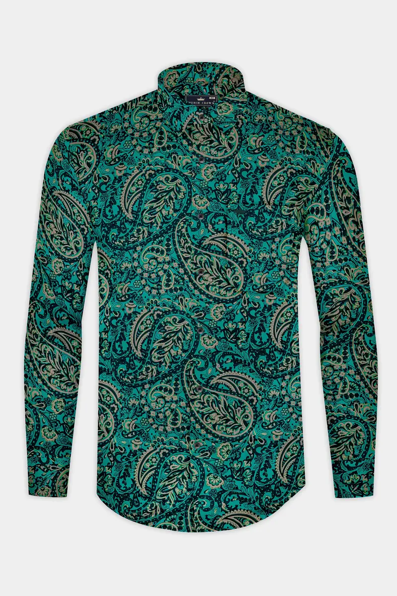 Teal Green With Deep Sea Green Ethnic Motifs Printed Super Soft Premium Cotton Shirt 4
