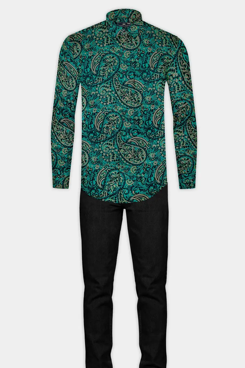Teal Green With Deep Sea Green Ethnic Motifs Printed Super Soft Premium Cotton Shirt 6