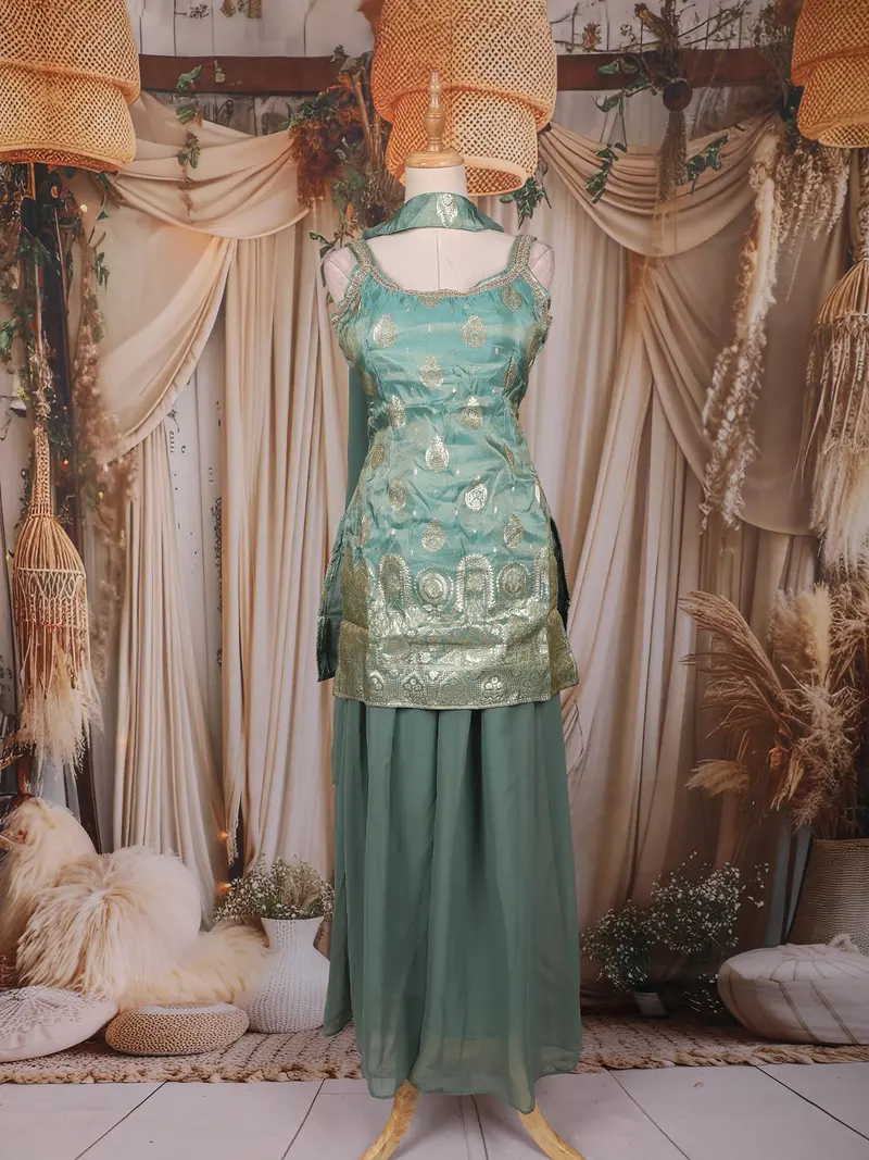 Teal Green Zari Woven Design Silk Palazzo Suit With Dupatta 1