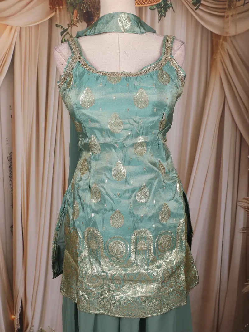Teal Green Zari Woven Design Silk Palazzo Suit With Dupatta 2