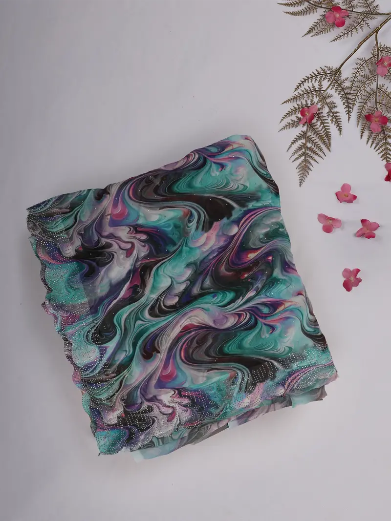 Teal Multicolor Abstract Marble Printed Chiffon Saree With Stone Embellished Scallop Border 1