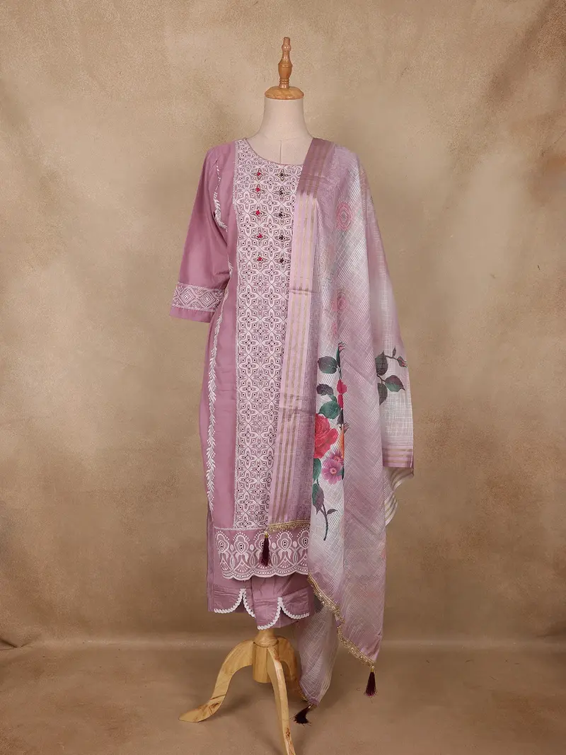 Teal Pink Embroidered Cotton Salwar Suit With Floral Printed Dupatta 1
