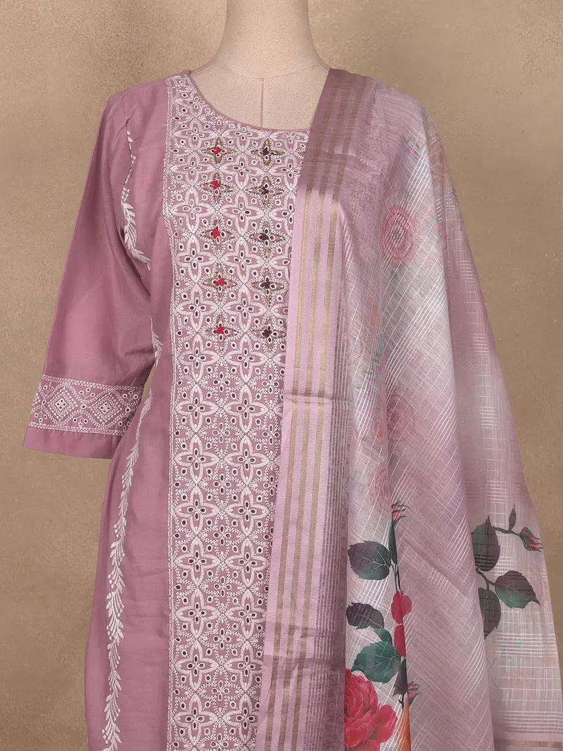 Teal Pink Embroidered Cotton Salwar Suit With Floral Printed Dupatta 2