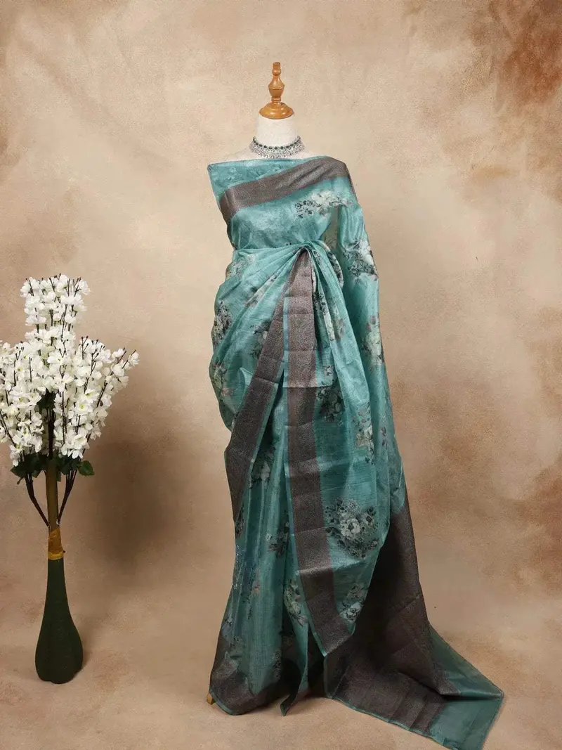 Teal Tussar Silk Saree With Floral Prints On The Body And Thread Border 1