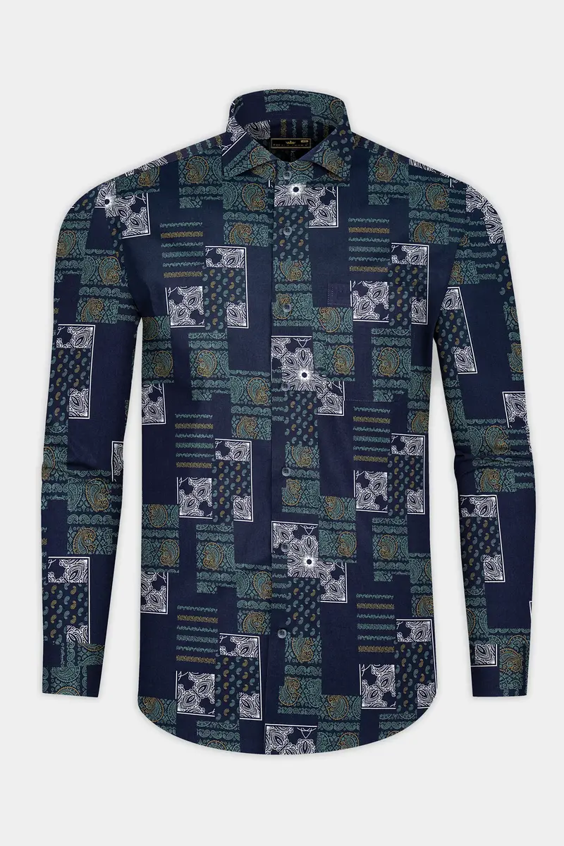 Tealish Blue Multicolour Design Printed Super Soft Premium Cotton Shirt 4