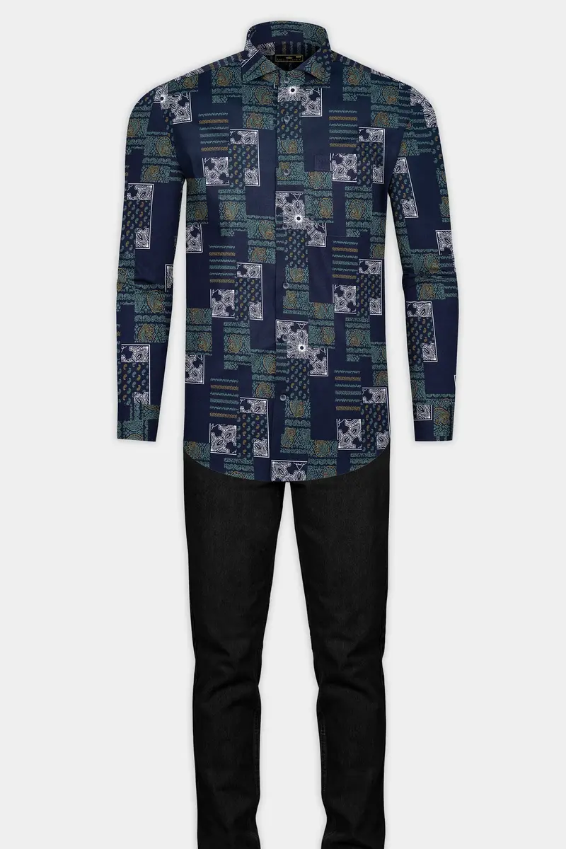 Tealish Blue Multicolour Design Printed Super Soft Premium Cotton Shirt 6