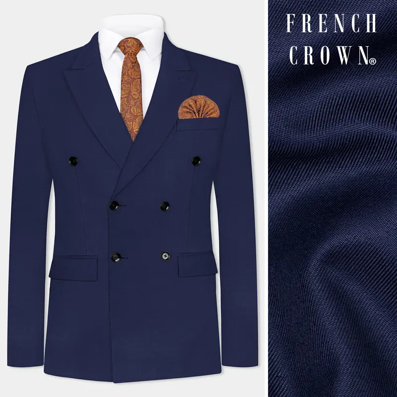 Tealish Blue Plain Solid Wool Blend Double Breasted Blazer 1