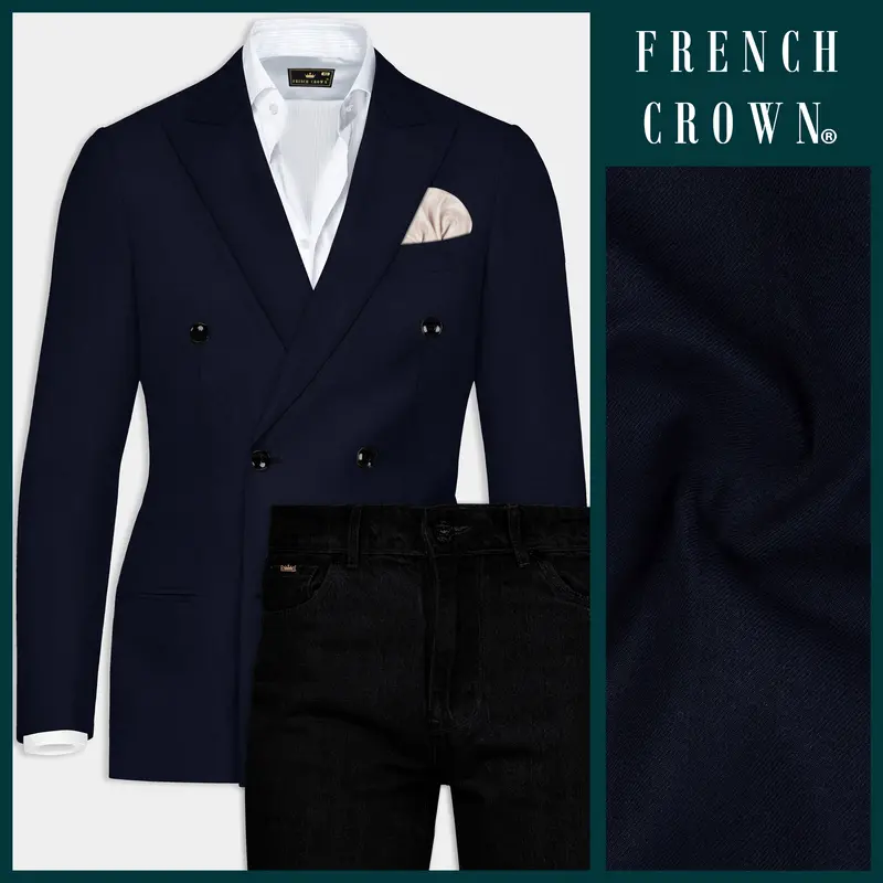 Tealish Blue Solid Wool Rich Double Breasted Blazer With Jade Black Jeans 1
