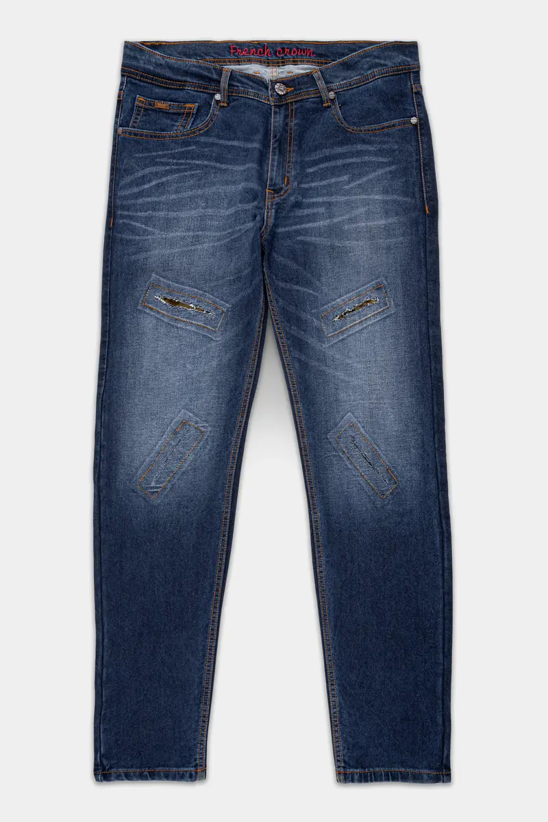 Tealish Blue Whiskering Mildly Distressed Stretchable Denim 2