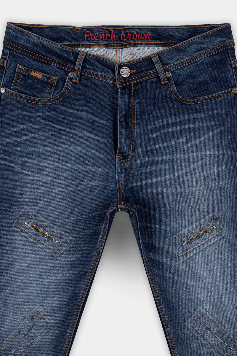 Tealish Blue Whiskering Mildly Distressed Stretchable Denim 4