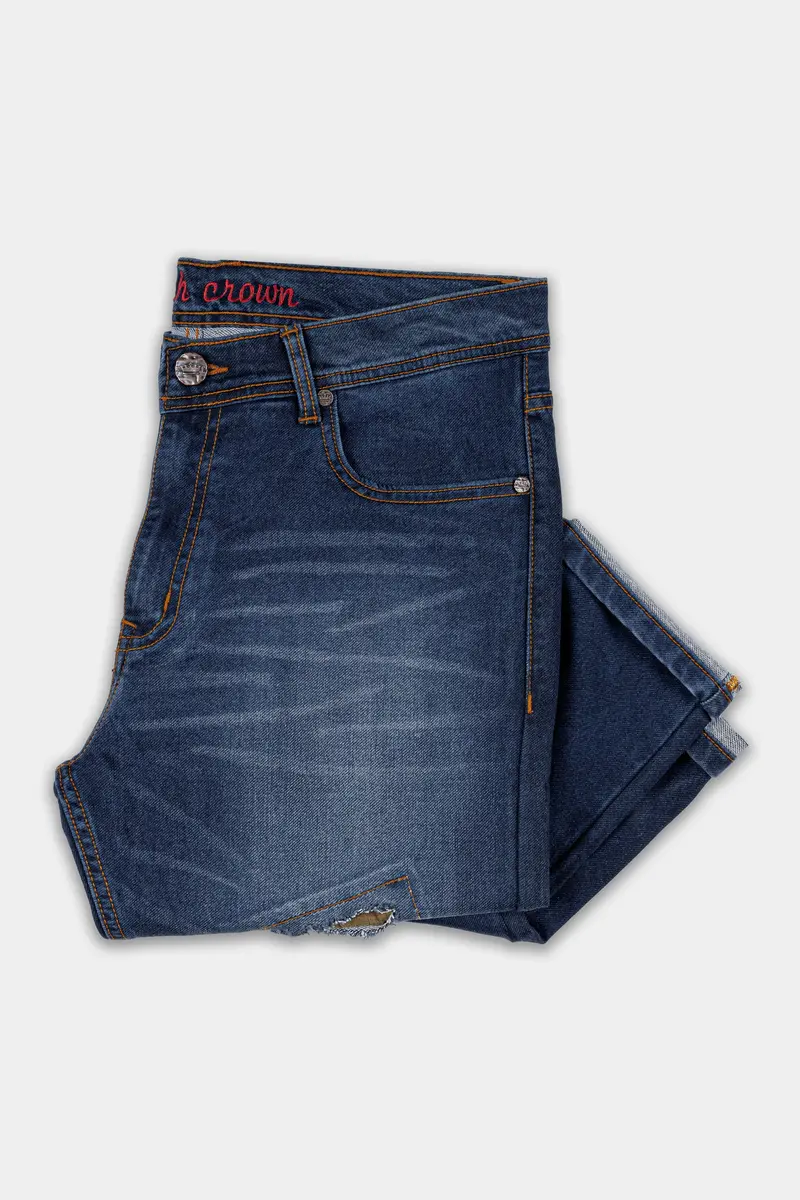 Tealish Blue Whiskering Mildly Distressed Stretchable Denim 5