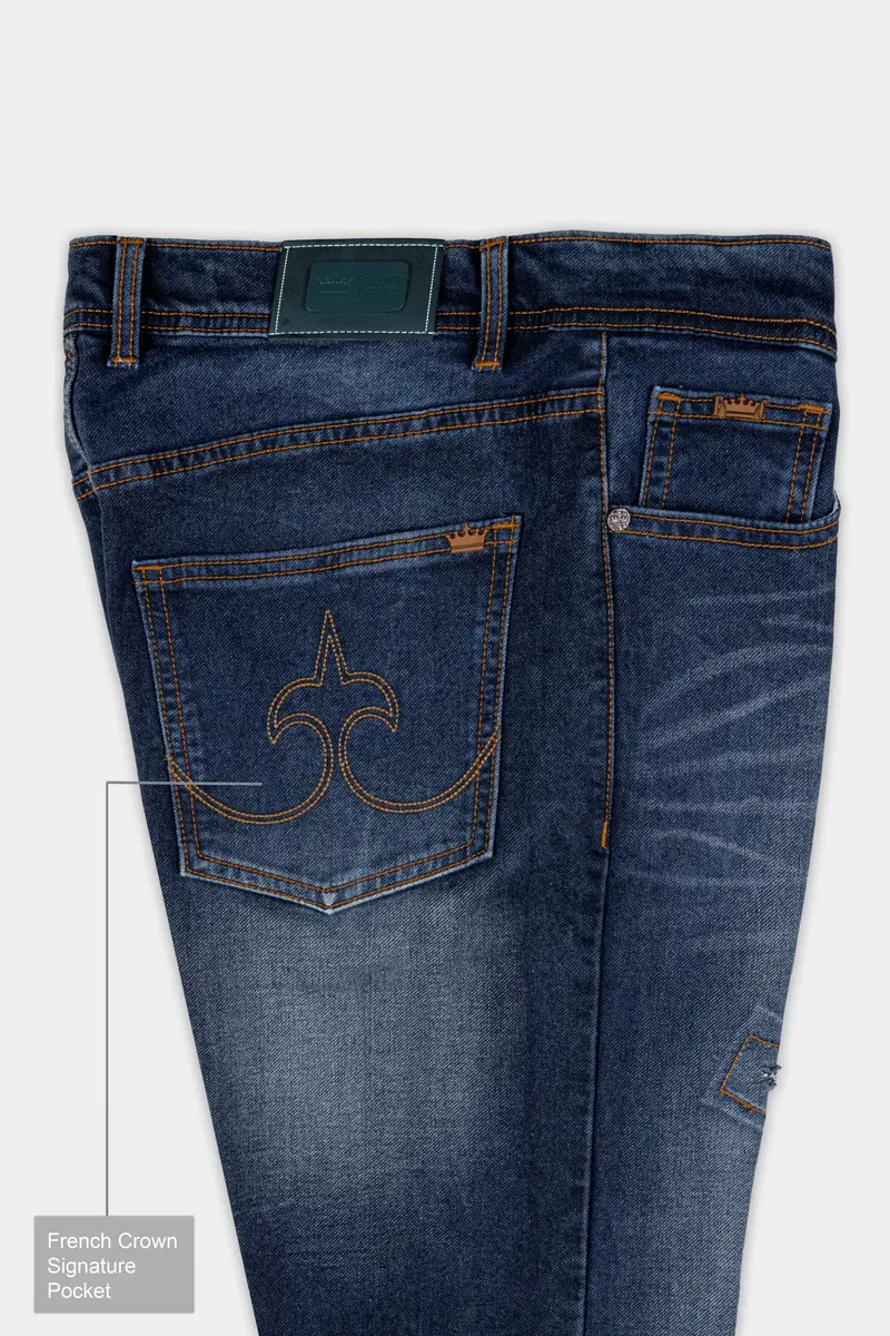 Tealish Blue Whiskering Mildly Distressed Stretchable Denim 7