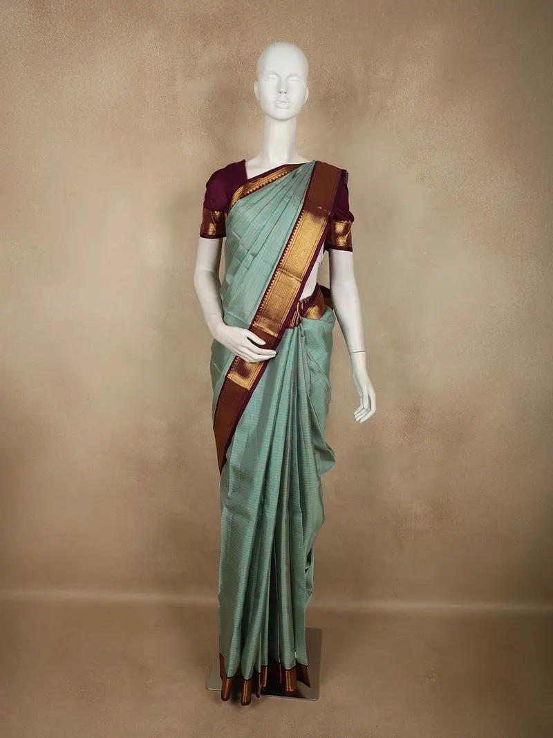 Teel Green Mini Checked Woven Design Pure Kanchipuram Silk Saree With Contrast Zari Border 1