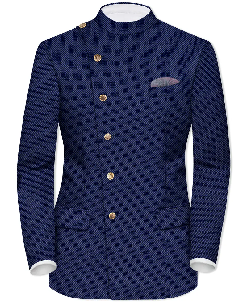 Tenebro-Midnight Blue Textured Wool Rich Cross Placket Bandhgala Blazer 1