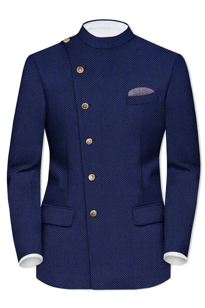 Tenebro-Midnight Blue Textured Wool Rich Cross Placket Bandhgala Blazer 2