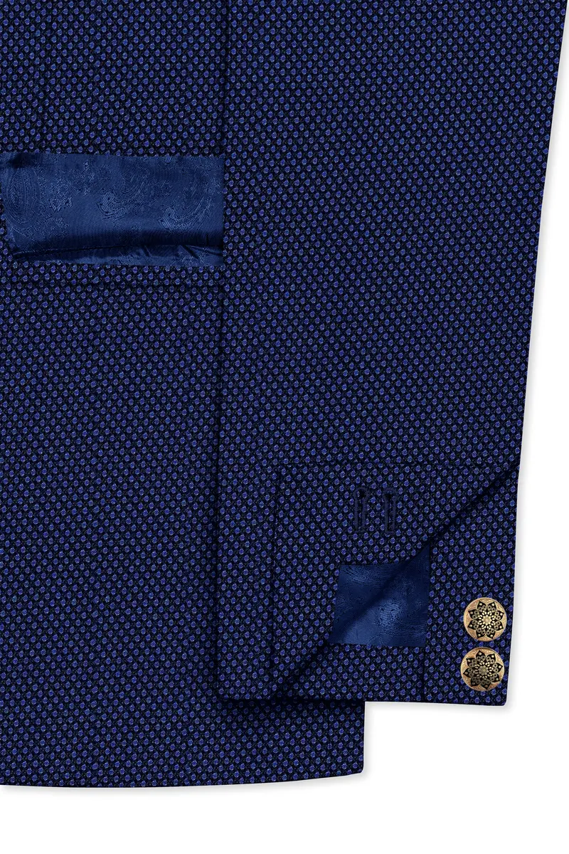 Tenebro-Midnight Blue Textured Wool Rich Cross Placket Bandhgala Blazer 5