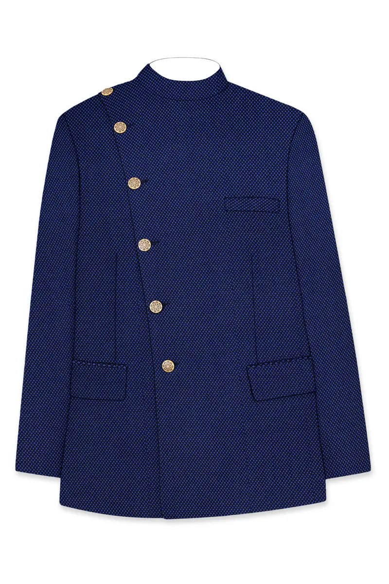 Tenebro-Midnight Blue Textured Wool Rich Cross Placket Bandhgala Blazer 6