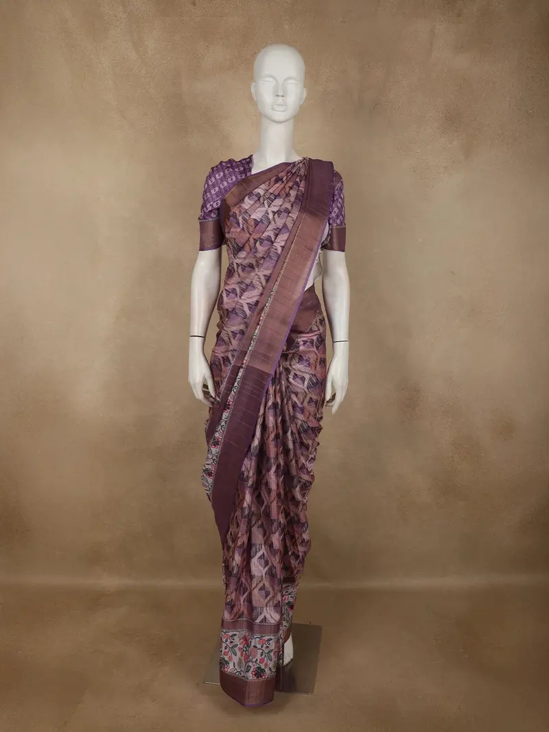 Terracotta Plum Purple Abstract Printed Design Semi Tussar Saree 1