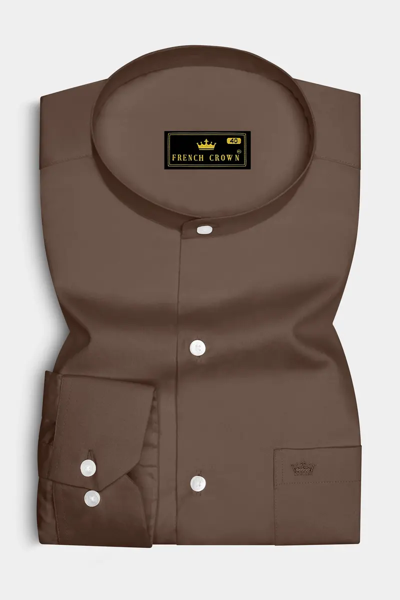 Terraro Ferra Brown Subtle Sheen Super Soft Premium Cotton Mandarin Dress Shirt 4