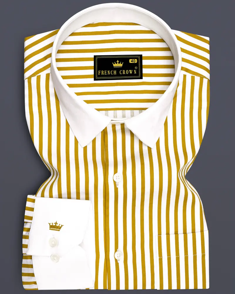 Terrasol-Ochre Yellow And Bright Candy Striped Super Soft Premium Cotton Dress White Cuff Collar Shirt 1