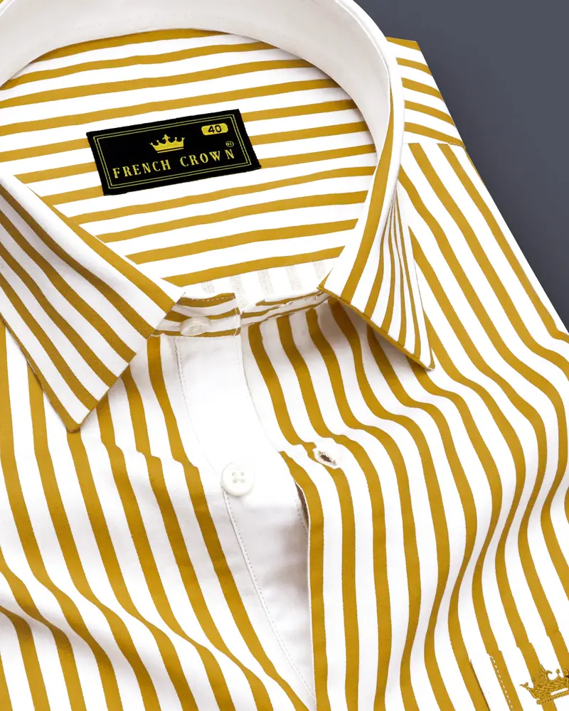 Terrasol-Ochre Yellow And Bright White Candy Striped Subtle Sheen Soft Premium Cotton Dress Shirt 1